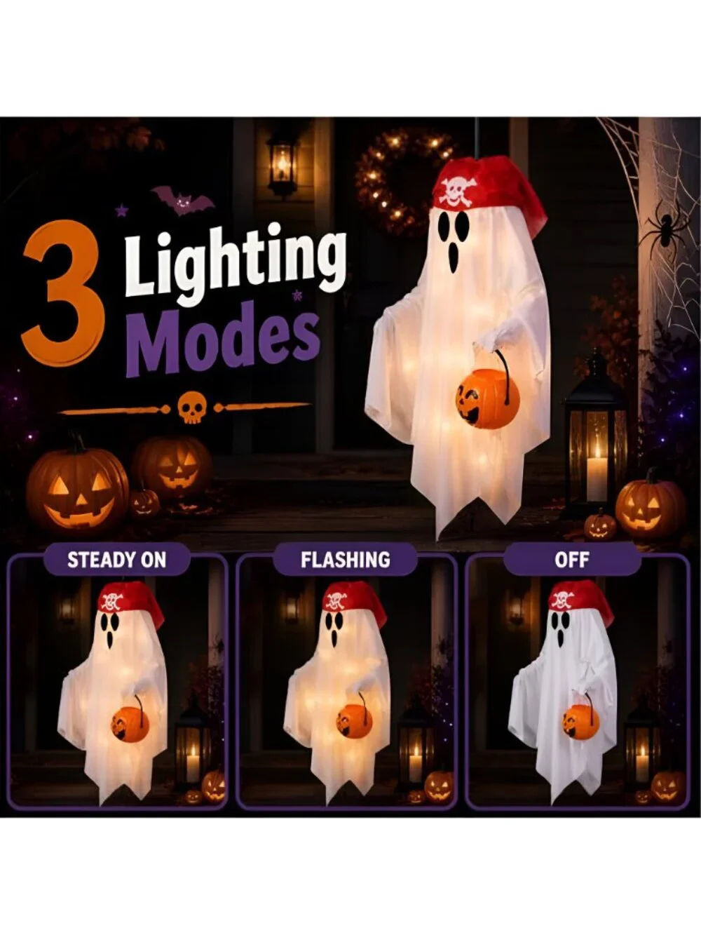 2 Pack Hanging Pirate Ghost Decorations with Lights for Halloween